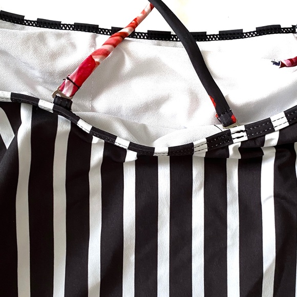 Tropical Swimwear One-Piece Swimsuit Floral Print Stripe Ruffle Top Bathing Suit - Picture 10 of 16